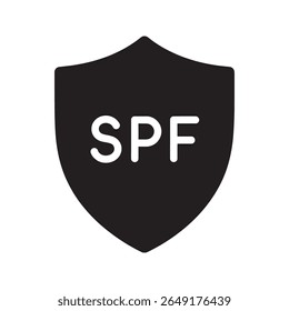 Ícone de rótulo de proteção SPF com um escudo para protetores solares, garantindo a segurança e a defesa contra radiação solar nociva vetor ícone de glifo sólido