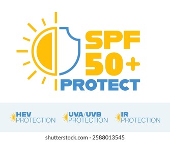 SPF protection labels with sun and shield icons. Illustration featuring SPF 50+ and HEV, UVA UVB, and IR protection icons. Design for sunscreen packaging