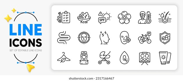 Spf protection, Slow fashion and Diet menu line icons set for app include Oculist doctor, No alcohol, Serum oil outline thin icon. Natural linen, Stress, Sunscreen pictogram icon. Vector