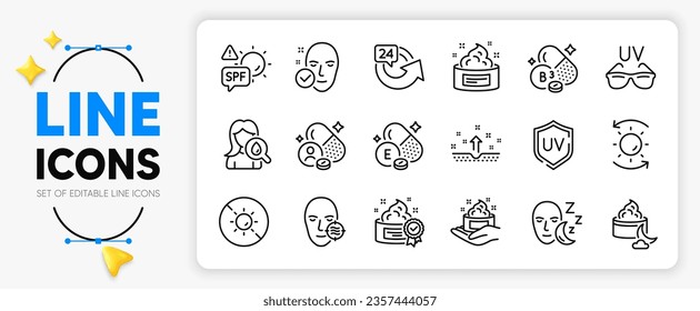 Spf protection, Sun protection and Niacin vitamin line icons set for app include Skin care, Health skin, Night cream outline thin icon. Moisturizing cream, Sunglasses, Vitamin e pictogram icon. Vector