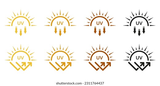 SPF Protection, Sunscreen Lotion Icon Set. Sunblock Cream Label. Skin Protect, Danger UV Sunlight Pictogram. Block Solar Radiation and Ultraviolet Rays Symbol Collection. Isolated Vector Illustration.