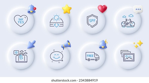 Spf protection, Travel luggage and Photo album line icons. Buttons with 3d bell, chat speech, cursor. Pack of Bike, Free delivery, Sun protection icon. Say yes, Smile chat pictogram. Vector