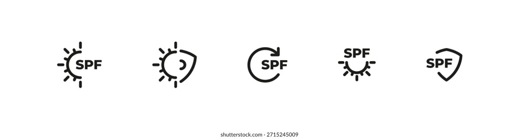 SPF protection vector outline icon set. Sun care, UV safety, and skin defense collection