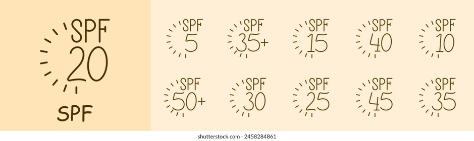 SPF-Set-Symbol. Sonnencreme, Indikator, 20, 5, 35, 15, 40, 10, 50, 30, 25, 45, 35, Sonnenbrand, Pflege für das Aussehen, Urlaub, Strand, Sonnenbräune. Konzept der Gesundheitsversorgung.