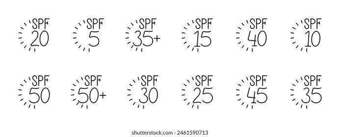 SPF set icon. Sunscreen, indicator, 20, 5, 35, 15, 40, 10, 50, 30, 25, 45, 35, sunburn, caring for appearance, vacation, beach, tanning. Health care concept.