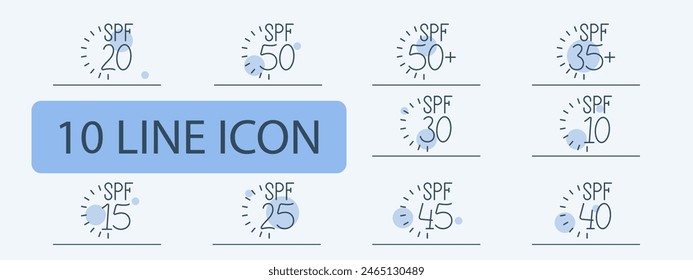 Icono de conjunto SPF. Protector solar, indicador, 20, 5, 35, 15, 40, 10, 50, 30, 25, 45, 35, quemadura solar, cuidado de la apariencia, vacaciones, playa, bronceado. Concepto de atención médica.