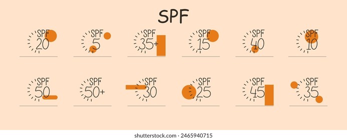 SPF set icon. Sunscreen, protection, 20, 5, 35, 15, 40, 10, 50, 30, 25, 45, 35, sunburn, skin care, ultraviolet radiation, photoaging, pigmentation, age spot, freckles, wrinkles, skin cancer, melanoma