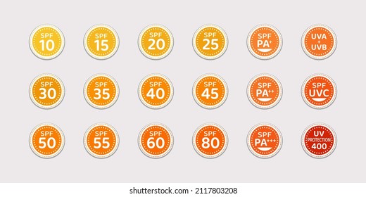 SPF set vector illustration. sun protection factor icons for sunscreen packaging, products, skin cosmetics, sunglasses. UV protection stickers. Skincare degree protection image with color gradation.