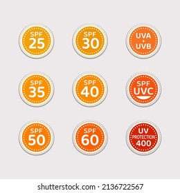 SPF set vector illustration. sun protection factor icons for sunscreen packaging, products, skin cosmetics, sunglasses. UV protection stickers. Skincare degree protection image with color gradation.