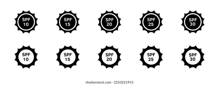 SPF sign set icons. Sun protection icons. Silhouette style. Vector icons.