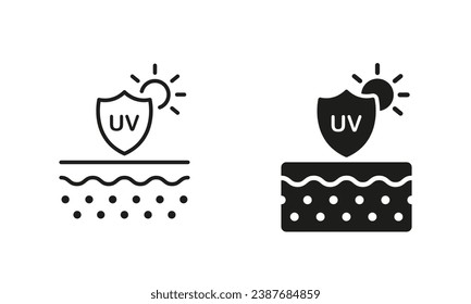 SPF Skincare Symbol Collection. Cream for Skin from Ultraviolet Radiation Line and Silhouette Black Icon Set. Sun, Shield, Protection Skin of UV Rays Pictogram. Isolated Vector Illustration.