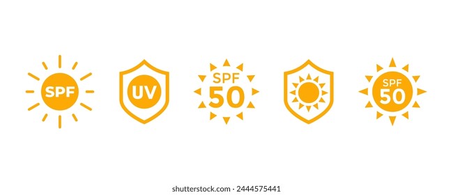 SPF, sun block icons, protect from uv radiation vector labels with shield