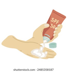 SPF crema de protección solar diseño plano conjunto con las manos