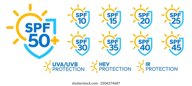 Spf Sun Protection Factor icono de Vector, signo, logotipo, insignia, etiqueta engomada, etiqueta, emblema, sello, símbolo, negro, línea, Vector plano, ilustración aislada. 