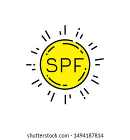 SPF sun protection icon. Sunlight skin care symbol. Solar radiation sunburn sign. Vector illustration line icon.
