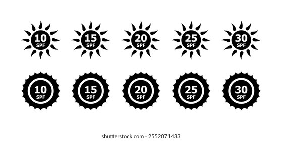 SPF sun protection icons. Silhouette style. Vector icons