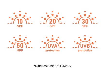 SPF sun protection icons for sunscreen packaging. UVA UVB control for skin. Vector