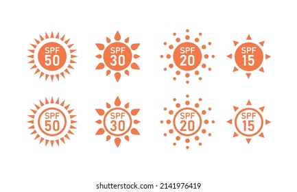 SPF sun protection icons for sunscreen packaging. UVA UVB control for skin. Vector