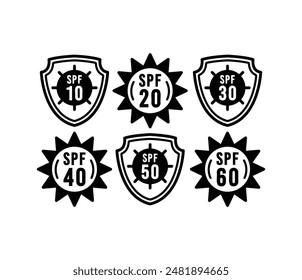 SPF sun protection icons symbol sign badge vector design black white color illustration collection set