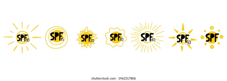 La puesta de sol del SPF. Símbolos solares de doodle dibujados a mano, etiquetas de emblemas de protección uv, cantos amarillos con letras y números negros, iconos para productos de protección solar y vector cosméticos de piel ilustración aislada