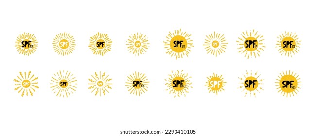 La puesta de sol del SPF. Símbolos solares de doodle dibujados a mano, etiquetas de emblemas de protección uv, cantos amarillos con letras y números negros, iconos para productos de protección solar y cosméticos de piel, ilustración aislada vectorial