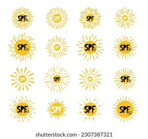 SPF sun set. Hand drawn doodle solar symbols, uv protection emblem labels, yellow sings with black letters and numbers, icons for sunscreen products and skin cosmetics, vector isolated illustration