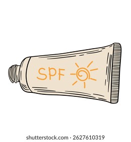 SPF suncream protection cosmetics for summer beach vacation time. Sunblock tube from sun. Skincare beauty health cream from uv rays