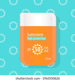 Spf sunscreen bottle icon. Sunblock UVA UVB cream. Summer season essential cosmetic routine. Beach orange spf high protection lotion on aquamarine sun pattern background flat vector illustration.