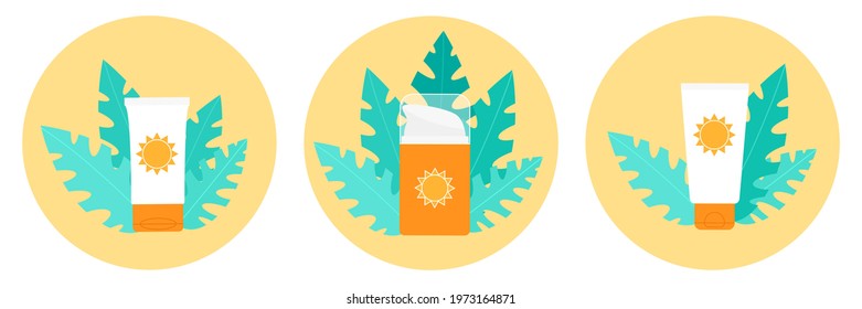 SPF sunscreen bottles cute sticker pack. Sunblock cosmetic cream tube, lotion, pump bottle on round yellow background with palm leaves. Colored flat SPF uva uvb sun safety protective cosmetic vector.
