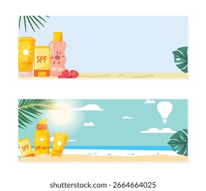 SPF sunscreen bottles set, tropical beach, palm leaves, blue sky, sand, skincare beauty, sunny season, wellness background