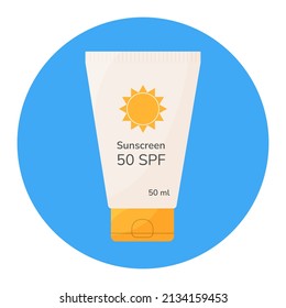 SPF sunscreen cream bottle flat icon. Cartoon style sunblock summer skincare beauty cosmetic. Sunscreen protective lotion against uv rays for sensitive skin. Bright colorful flat vector illustration.