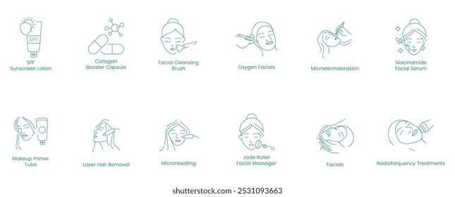 SPF, Sunscreen Lotion, Collagen Booster, Facial Cleansing, Oxygen Facials, Microdermabrasion, Niacinamide Serum, Makeup Primer, Laser Hair Removal, Microneedling, Jet Roller, Facials vector icon set