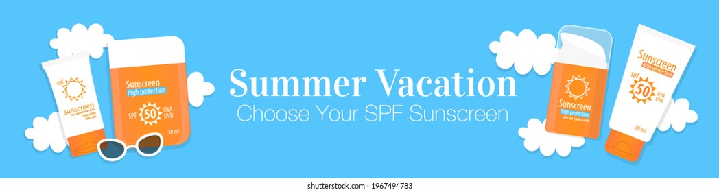 SPF sunscreen summer web banner. Different spf sunscreen bottles, tubes, lotions, cream and sunglasses on blue cloudy background banner with space for your text. Summer travel flat vector illustration
