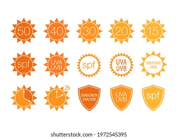 SPF sunscreen sun protection icon labels for cosmetic product packaging. Sun safety sunblock cream design elements: sun silhouettes, sun safety clock, safe sunbathing hours, protective shield vector.