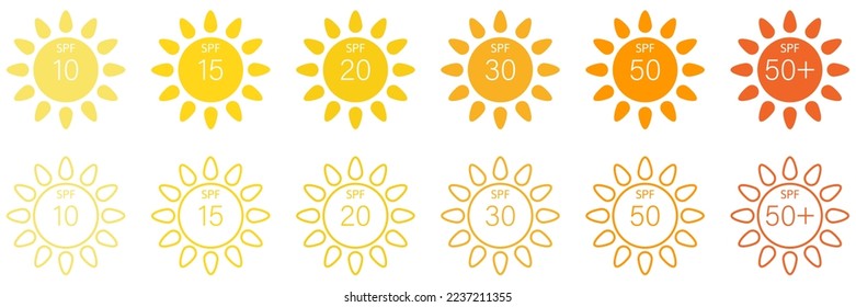 SPF sunscreen sun protection icons. Flat and line art style. Vector illustration isolated on white background
