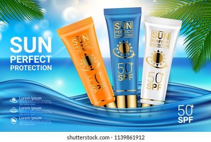 SPF and UV protect. Sun Cosmetics Protection Sunscreen Product Ads. Sunblock Cosmetic 3D Realistic Packaging Mockup Design. Sea Exotic Palm Leaves. Summer Background. Vector illustration