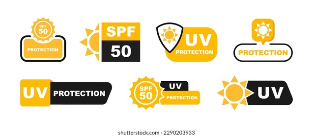 Juego de iconos de protección SPF y UV. Protección solar para la piel. Protección UVA UVB. Icono SPF 50 para empaque cosméticos de protección solar o piel. Ilustración vectorial.