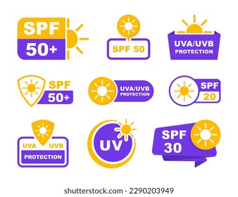 SPF and UV protection icon set. Sun protection for skin. UVA UVB protection. SPF 50 icon for sunscreen or skin cosmetics packaging. Vector Illustration.