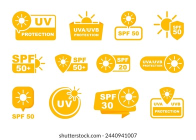 Conjunto de iconos de protección SPF y UV. Protección solar para la piel. Protección UVA UVB. Icono SPF 50 para el embalaje de protectores solares o cosméticos de la piel. Ilustración vectorial.