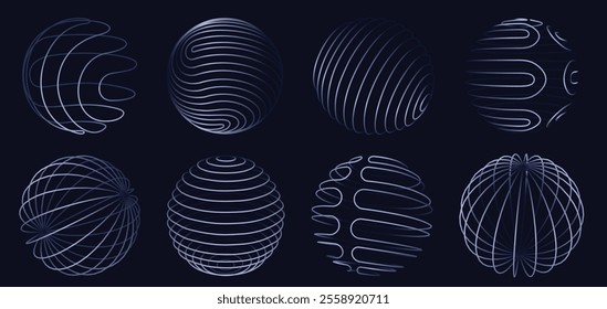 Sphere 3d wireframe lines. Abstract glowing digital globe designs with geometric curved line patterns, global networks spherical shapes and futuristic technology isolated vector set.