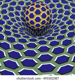 Sphere above blue hexagons hole. Optical motion illusion illustration.