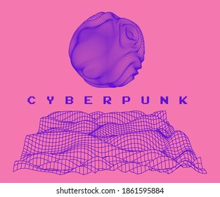 Sphere above the glitched distorted surface. Composition with morphing blob and wavy plane. Cyberpunk and vaporwave style illustration.