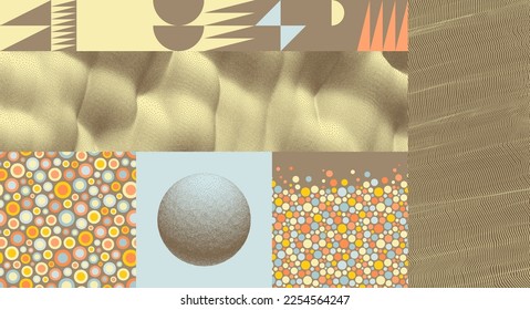 Sphere. Background with bumps. Wavy pattern. Digital backdrop with particles and color circles. Grid structure. 3D vector illustration for brochure, poster, card, invitation, poster, flyer or banner.