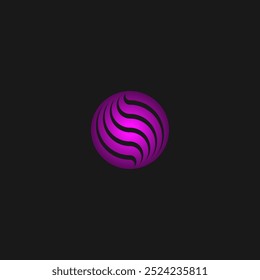 Sphere ball logo with wavy lines accent and purple color. Letter S logo.