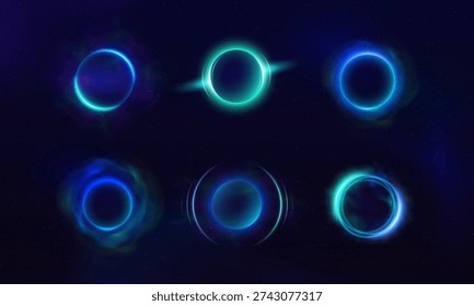 Sphere with blue neon halo effect. Glowing rings with luminous smoke aura and rays on dark background. Bright circles eclipse effect. Radiant sphere shape with haze flare light. Abstract vector design
