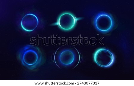 Sphere with blue neon halo effect. Glowing rings with luminous smoke aura and rays on dark background. Bright circles eclipse effect. Radiant sphere shape with haze flare light. Abstract vector design