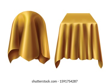 Sphere and box covered with gold cloth. Vector template of ball and cube hidden under silk golden veil or curtain for presentation, surprise, gift isolated on white background