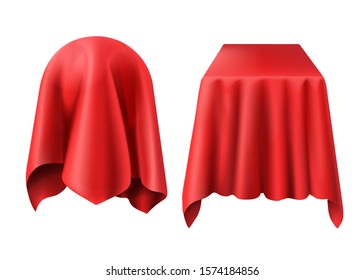 Sphere and box covered with red cloth. Vector template of ball and cube hidden under silk veil or curtain for presentation, surprise, gift isolated on white background