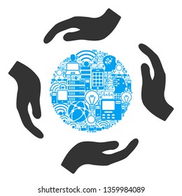 Sphere Care Hands composition icon created for bigdata purposes. Vector sphere care hands mosaics are organized from computer, calculator, connections, wi-fi,