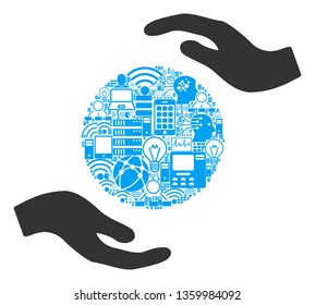 Sphere Care Hands composition icon combined for bigdata purposes. Vector sphere care hands mosaics are composed from computer, calculator, connections, wi-fi,
